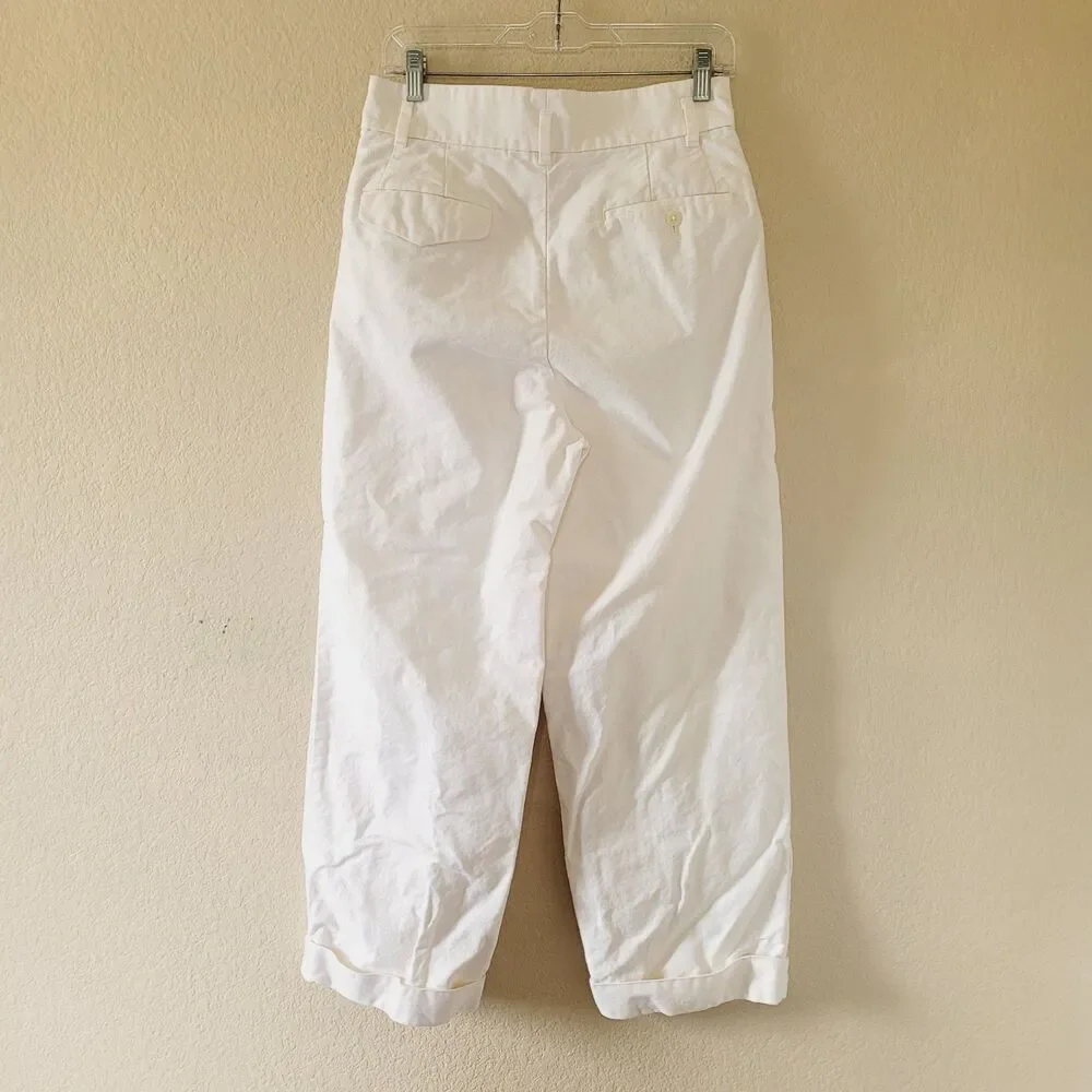 Uniqlo Ines De La Fressange Pant Women 6 White Wide Leg Baggy Cuff Khakis Cotton